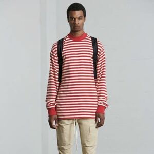 ☆ FEAR OF GOD ビッグシルエット ロンT レッド ベージュ ボーダー 長袖 Tシャツ オーバーサイズ ビッグ ロングスリーブ ハイネック m l xl