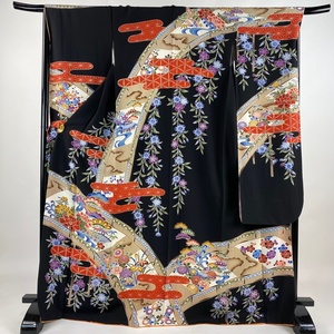 振袖 身丈170cm 裄丈67cm M 袷 橋 松竹梅 黒 正絹 名品 【中古】