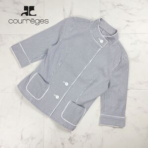 美品 Courreges クレージュ ストライプ スタンドカラー七分袖ジャケット レディース トップス 白 ホワイト サイズ38*OC490