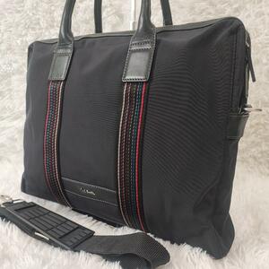 1円【極美品】Paul Smith ポールスミス マルチストライプ 2way A4 トートバッグ ビジネスバッグ ロゴ ナイロン レザー メンズ ブラック 黒