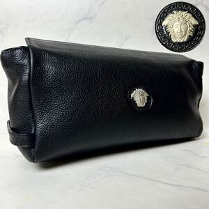 【希少】GIANNI VERSACE ヴェルサーチ メデューサ 金具 シボ革 本革 レザー メンズ セカンドバッグ クラッチバッグ ブラック