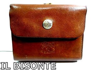 X5A014◆本物◆ イルビゾンテ IL BISONTE 本革レザー ブラウン がま口小銭入れあり 二つ折り 財布