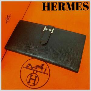 定価４５万円超【最高級品・極上美品】エルメス HERMES ベアン ヴォーエプソン 長財布 レザー H金具 ブラック 保存箱 メンズ wallet