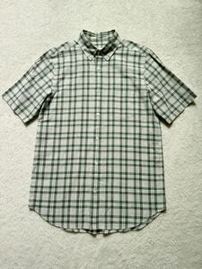 美品 PAPAS＋ sizeM リネン混 半袖シャツ チェック メンズ グリーン ホワイト パパス BDシャツ ボタンダウン