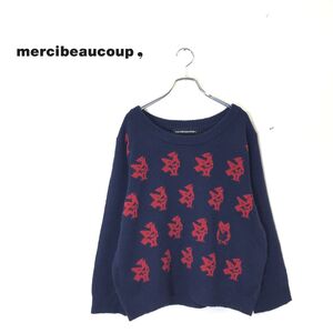 1D2088-T◆mercibeaucoup メルシーボークー ロングスリーブニット デザイン クルーネック◆size1 ネイビー レディース トップス ウール