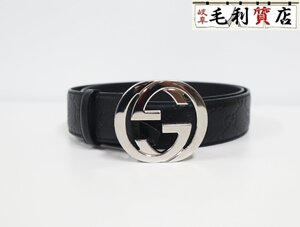 グッチ GUCCI シグネチャー レザー ベルト インターロッキングG 411924 CWC1N 1000 ブラック サイズ90 美品 メンズ