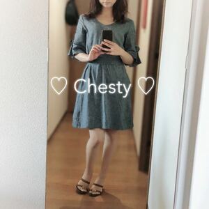 Chesty◆リボン付き Vネック フレアスリーブ リネン ワンピース◆チェスティ 麻 五分袖 七分袖 リボン 天竺 グレー 新品同様 美品