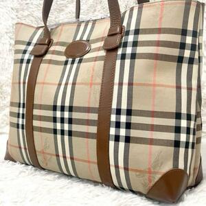 【美品】 BURBERRY バーバリー トートバッグ ショルダーバッグ ハンド 肩掛け ノバチェック シャドーホース 大容量 旧ロゴ レザー ブラウン