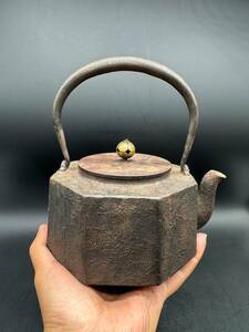時代　八角形　鉄瓶　象嵌入 煎茶道具
