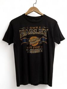 80s Harley-Davidson ハーレーダビッドソン 3Dエンブレム Tシャツ S-M相当 黒 ブラック バイク　古着