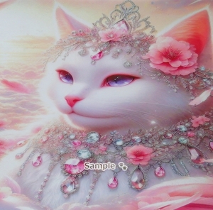 【A4】ネコ日本帝国 14 宝石白猫 手描き&CG 絵画イラストオリジナル原画 Cat Empire Jewel white cat Hand drawn painting original art