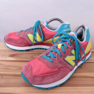 z7080【WL574BFW】ニューバランス US9 26.0cm/赤 レッド 黄 イエロー 青 ブルー系 newbalance レディース スニーカー 中古