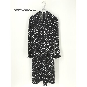 A8573/美品 春夏 DOLCE&GABBANA ドルチェアンドガッバーナ 長袖 ドット柄 装飾付き ベルト シャツ 膝丈 ワンピースXL程 46黒 白 レディース