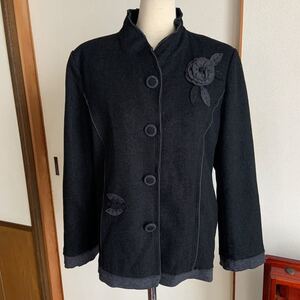 eleganceブラック花モチーフ付きスタンドネックジャケット トップス Lサイズゆったり