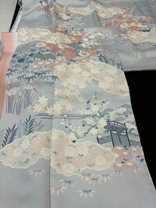 日舞家所蔵品★【銘品】西陣組合織染匠「美吉」38万「茶屋辻文様 百花繚乱」アイスブルー 手描き糸目京友禅 紗綾型紋織★身丈163裄64