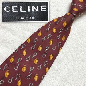 CELINE セリーヌ　ネクタイ　枯葉　金具　総柄　シルク100% スペイン製　ボルドー　ビジネス