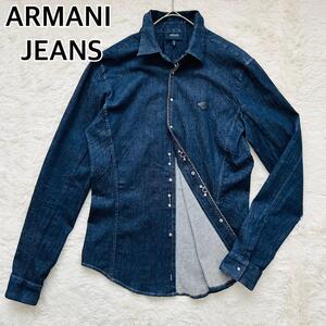 【美品】ARMANI JEANS　アルマーニジーンズ デニムシャツ インディゴブルー 長袖シャツ フック　レザーブランドタグ シワ加工　Lサイズ