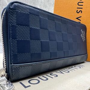 【現行 極美品】ルイヴィトン LOUIS VUITTON ヴェルティカル 長財布 ダミエ スクエアード レザー ネイビー メンズ ビジネス N60503