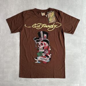 【未使用品】Ed Hardy エドハーディー　タグ付　ラインストーン　ドクロ　半袖Tシャツ　ブラウン　メンズM