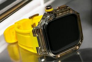 46mmZYクリアブラック&イエロー★アップルウォッチバンド ラバーベルト カバー　Apple Watch クリア ケース ステンレス