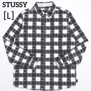 STUSSY ステューシー ブロックチェック スカル柄 コットン 長袖 ネルシャツ [L] 白×黒 メンズ