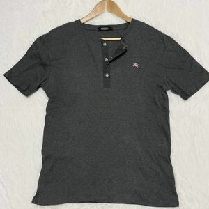 極美品!希少3/L◎バーバリーブラックレーベル BURBERRY BLACK LABEL 半袖 Tシャツ ヘンリーネック グレー ノバチェック ホース刺繍 夏 4046