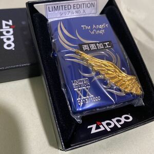 【限定ZIPPO】2020年限定 エンジェルウイング シリアルナンバー0013 ブルー＆ゴールド レア ジッポ 珍しいジッポ 限定ジッポ 羽 翼 青 金