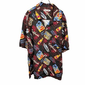 サンアロハ SUN ALOHA アロハシャツ 地図 ボトル サーフボード 半袖 ポケット レーヨン100% 4L 3XL XXXL ブラック 黒×赤×青×茶系 メンズ