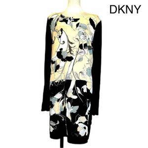 【シルク製】DKNY　DONNA KARAN NEWYORK ボタニカル柄　ワンピース　長袖　インナーキャミ付き　S　★1000