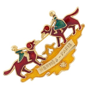 HERMES エルメス 犬と少女 七宝焼き ブローチ 金メッキ ワインレッド 約18g レディース【I151624063】中古