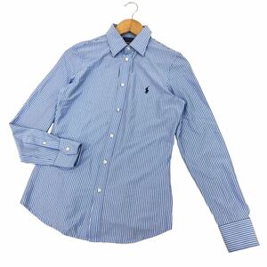 H718⑫ 良品 POLO RALPH LAUREN ラルフローレン KNIT DRESS SHIRT 長袖 ストライプ シャツ ドレスシャツ トップス ブルー系 綿 メンズ M