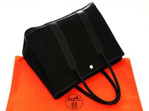 1円 極美品 エルメス ガーデンパーティ PM ブラック ハンドバッグ HERMES トワルオフィシェ キャンバス ビジネス 防水処置/クリーニング済