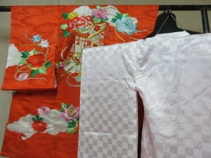 1円 良品 正絹 女児 子供着物 縮緬 七五三 和装 和服 産着 襦袢セット 御所車 花柄 草花 高級 袷 身丈96cm 身巾46cm【夢職】★★★