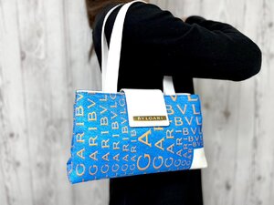 極美品 BVLGARI ブルガリ ロゴマニア トートバッグ ショルダーバッグ バッグ ナイロンキャンバス×レザー 青×白 78254Y