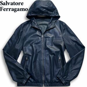 極美品/希少XL◎ フェラガモ Salvatore Ferragamo ラムレザー パーカー ジャケット 羊革 レザータグ ダークネイビー 紺 50 入手困難◎