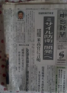 新聞紙 中日新聞 2002年11月3日日刊 古紙 1部