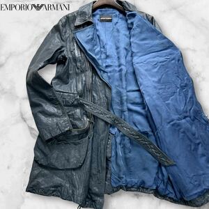 超希少/XL相当◆極艶ロイヤルブルー◆エンポリオ アルマーニ ラムレザー 羊革 EMPORIO ARMANI トレンチコート ロング ジップ シワ加工 52