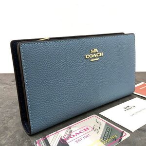 送料込み！ 未使用品 COACH 長財布 C8329 ライトブルー Wホック財布 ロゴ 554