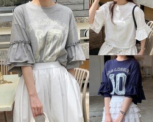 【高品質】全3色 半袖Ｔシャツ フリル 切り替え 体型カバー 着痩せ シンプル カジュアル フリー グレー