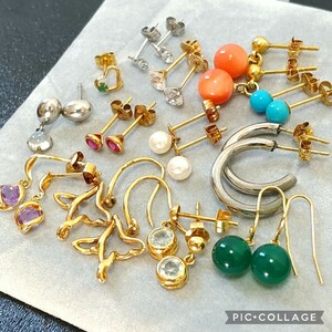 ⑥K18 Pt900 刻印 ピアス 総重量 約10g アクセサリー パール ダイヤモンド風 エメラルド色 18金 イエロー ゴールド プラチナ K14WG 1円