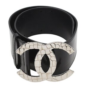 ★E2154 美品!! シャネル クロコ柄 デカココマーク パテントレザー ワイド ベルト 75/30 ブラック 07P CHANEL レディース★