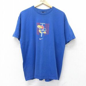 XL/古着 ナイキ NIKE 半袖 ビンテージ Tシャツ メンズ 90s カンザスジェイホークス コットン クルーネック 青 ブルー spe 24jun17 中古