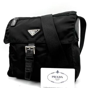 《極美品》正規品 PRADA プラダ 三角ロゴ ナイロン レザー フラップ ミニショルダーバッグ 斜め掛け ブラック