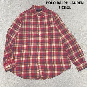 POLO RALPH LAUREN ポロラルフローレン インド製 リラックスフィット マドラスチェック リネンシャツ 長袖 ポニー刺繍 サイズXL レッド系