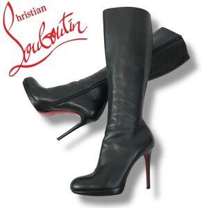 u35 Christian Louboutin クリスチャン ルブタン レザー ロングブーツ ピンヒール ブラック 本革 サイドジップ 38.5 イタリア製　正規品