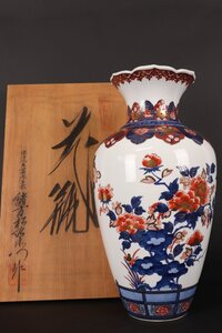 【珍品堂】1円から　有田焼　松右衛門　金彩色絵牡丹文　花瓶　飾り壺　共箱　美品上品　古美術　骨董品　高約46.5cm