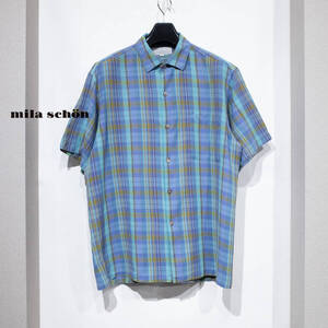 4（M〜L位） / 90s MILA SCHON ミラ ショーン GOLF 半袖 コットン チェックシャツ マドラス ブルー レトロ 速乾 夏物 メンズ 古着