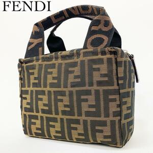 極美品・人気モデル FENDI フェンディ ハンドバッグ バニティ トートバッグ ハンドルロゴ ズッカ キャンバス レザー ブラウン