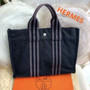 HERMES フールトゥPM スモールトートバッグ キャンバス ブラックxグレー