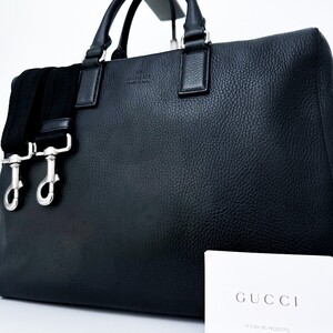 1円■未使用級■ギャランティ付き■最高級ライン■GUCCI グッチ 2way ロゴ型押し トートバッグ ビジネス 大容量 A4 メンズ レザー ブラック